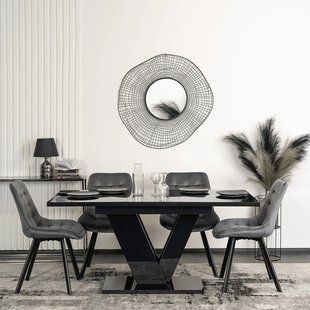 Комплект стіл MEBEL ELITE CLARK 120(160)х80 см глянцевий чорний, та 4 стільців RICK, сірого кольору фотографія
