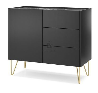 Комод Perfect Home Гармони / Harmony 1-дверний з 3 шухлядами і золотими ніжками KSZ97 Чорний/чорний мармур роял фотографія