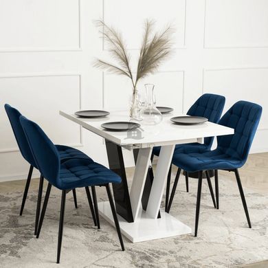 Комплект стола MEBEL ELITE CLARK 120(160)х80 см черного/белого глянца и 4 стульев LUCKY темно-синего цвета