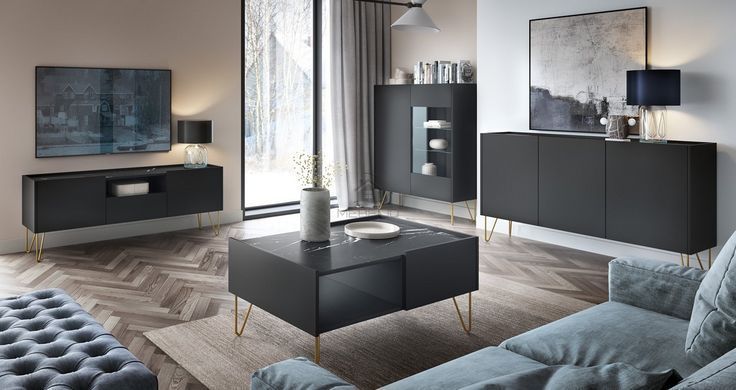 Стіл журнальний Perfect Home Гармоні / Harmony з 2 ящиками та золотими ніжками L97 Чорний/чорний мармур роял фотографія