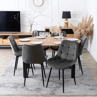 Комплект стол MEBEL ELITE HARRY 102(142)х102 см, дубовый/черный, и 6 стульев CHRIS серого цвета