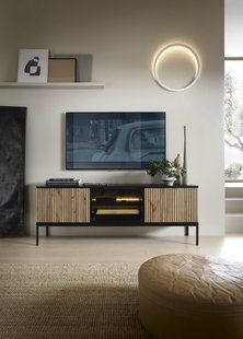 Тумба под ТВ с подсветкой Perfect Home Сенто / Sento RTV154 3-дверная Черный/дуб один фотография