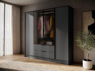 Гардеробна / шафа для одягу Perfect Home Келлі / Kelly 4DRM 4-дверна з центральними прозорими дверцятами та реєю Графіт
