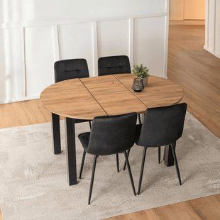 Комплект стіл MEBEL ELITE HARRY 102(142)х102 см дуб Craft/чорний, та 4 чорних стільців PERU фотографія