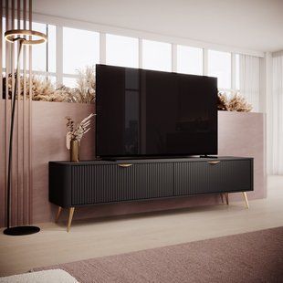 Тумба под телевизор Perfect Home Ланте/Lante 2-дверная с золотыми ножками 2D/200 Черный фотография