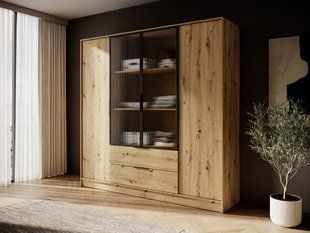 Гардеробна / шафа для одягу Perfect Home Келлі / Kelly 4DRM 4-дверна з центральними прозорими дверцятами та додатковими полицями Дуб артизан