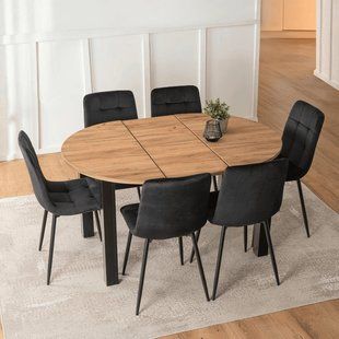 Комплект стіл MEBEL ELITE HARRY 102(142)х102 см дуб Craft/чорний, та 6 чорних стільців PERU фотографія